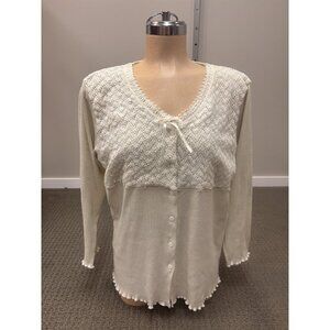 VTG La Senza Top Medium Poly Cotton Knit Jumper Embroidered Lettuce Hem Bow Lace